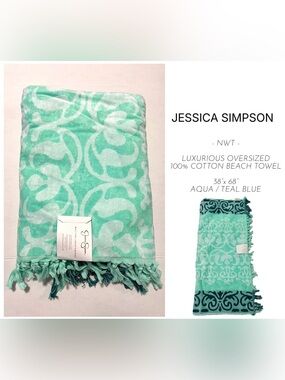 🆕JESSICA SIMPSON - NWT - AQUA / TEAL BLUE LUXURIOUS OVERSIZED COTTON BEACH TOWEL